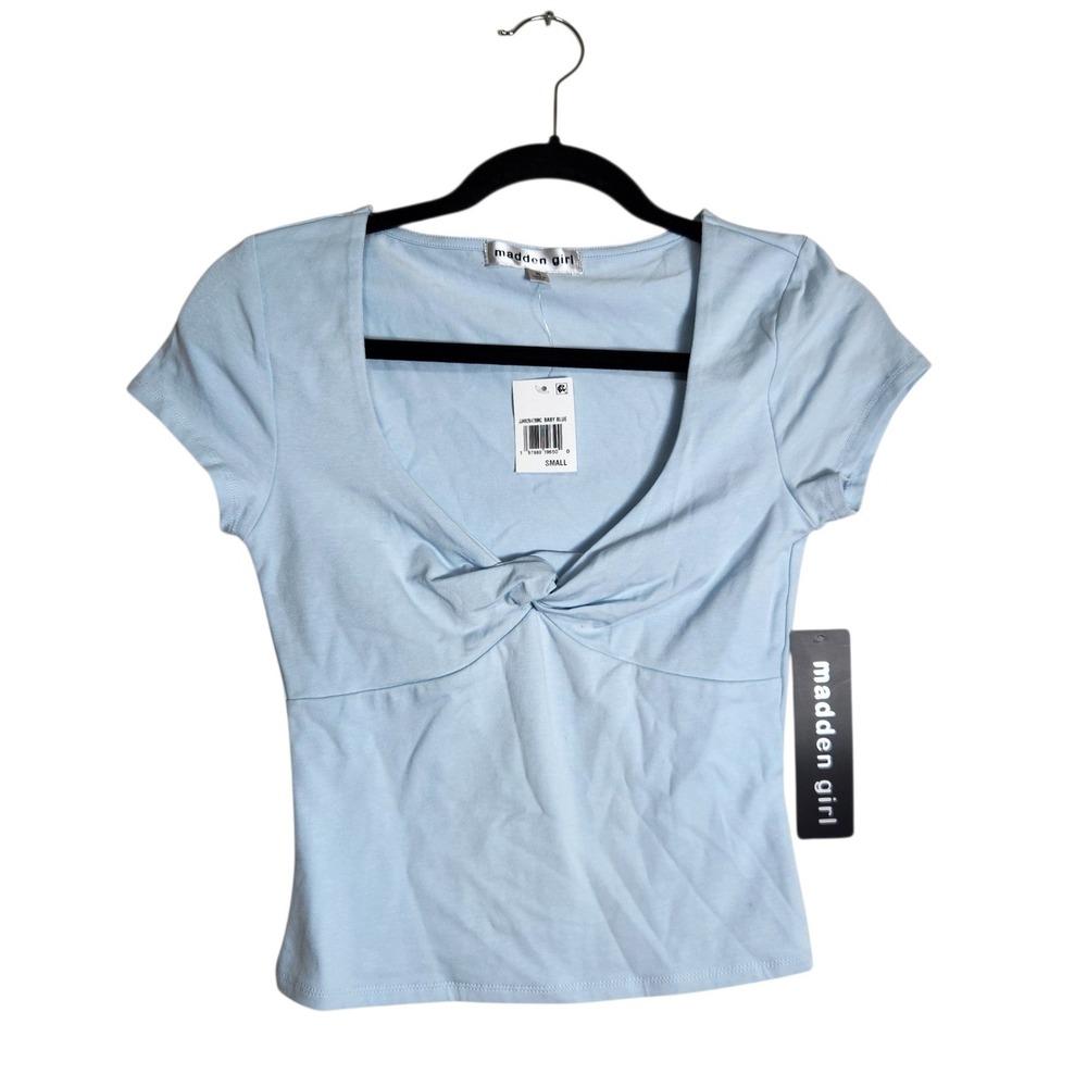 Madden Girl Womens Baby Blue Twist Front V-Neck Short Sleeve Top sz S